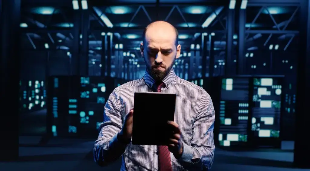 homem analisando dados em um tablet